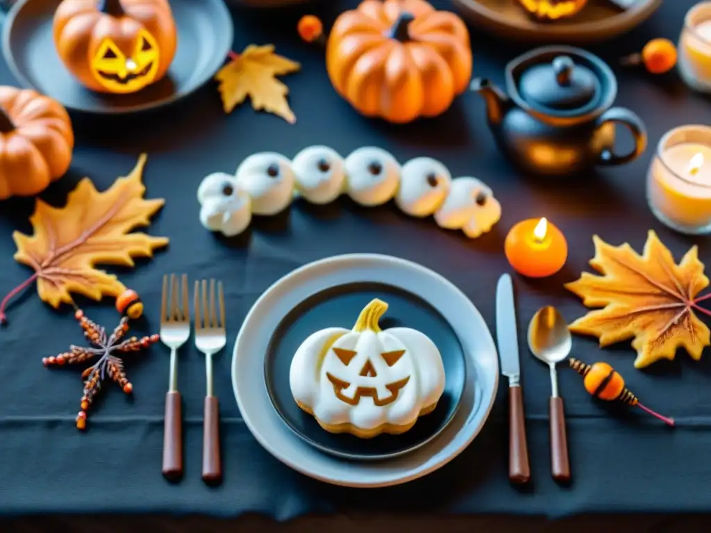 Una mesa festiva de Halloween con dulces sin gluten y decoración otoñal, ideal para una celebración sin gluten de Halloween