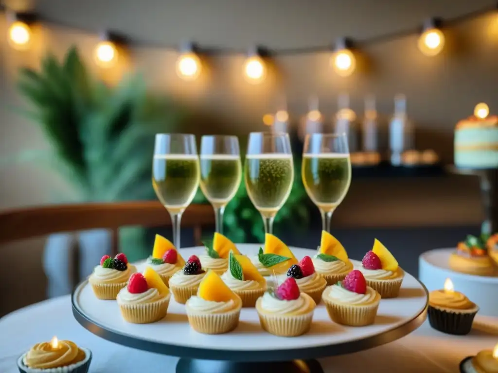 Una mesa festiva y elegante en una fiesta de despedida sin gluten, con deliciosos aperitivos coloridos y invitados celebrando con champán sin gluten