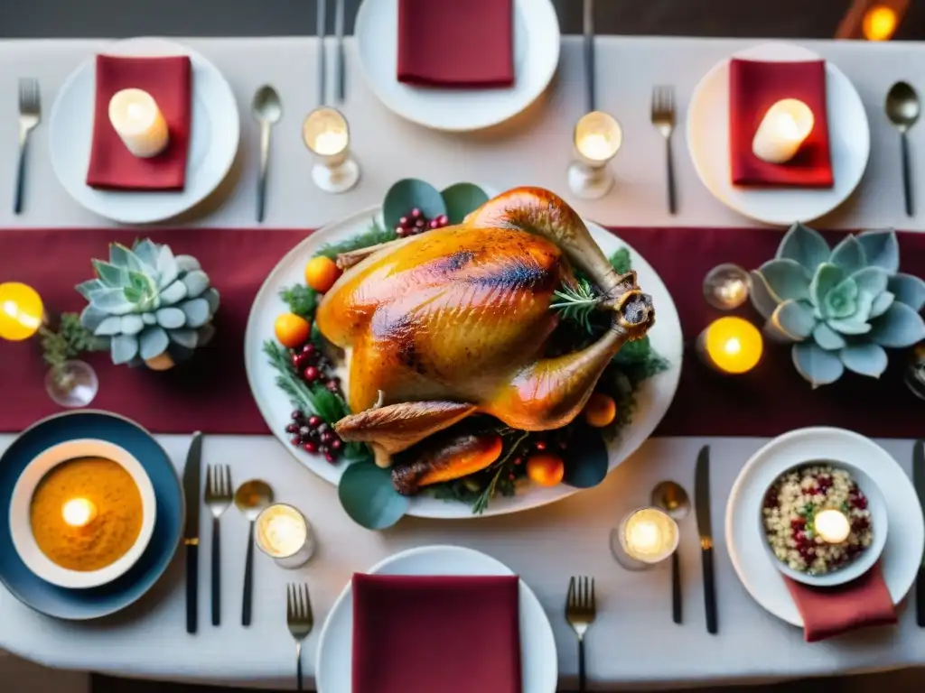 Una mesa festiva sin gluten con pavo asado y platillos coloridos en un ambiente cálido