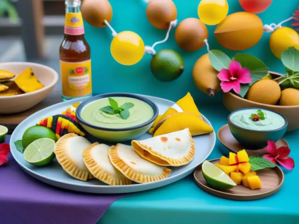 Una mesa festiva inspirada en Latinoamérica, con aperitivos sin gluten y bebidas coloridas, perfecta para fiestas