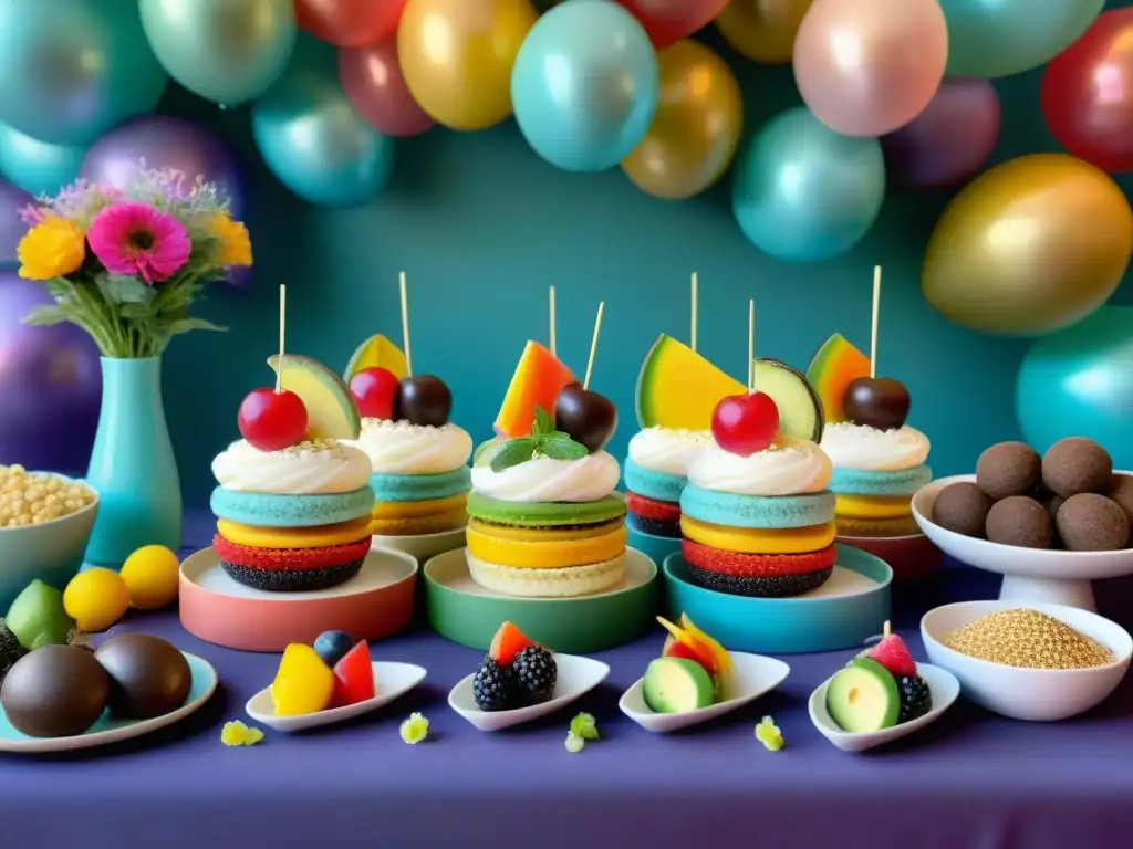 Una mesa festiva llena de coloridas recetas sin gluten para carnaval, con brochetas de frutas, mini sliders de quinoa con crema de aguacate y macarrones de coco bañados en chocolate, todo decorado con hierbas frescas y flores comestibles