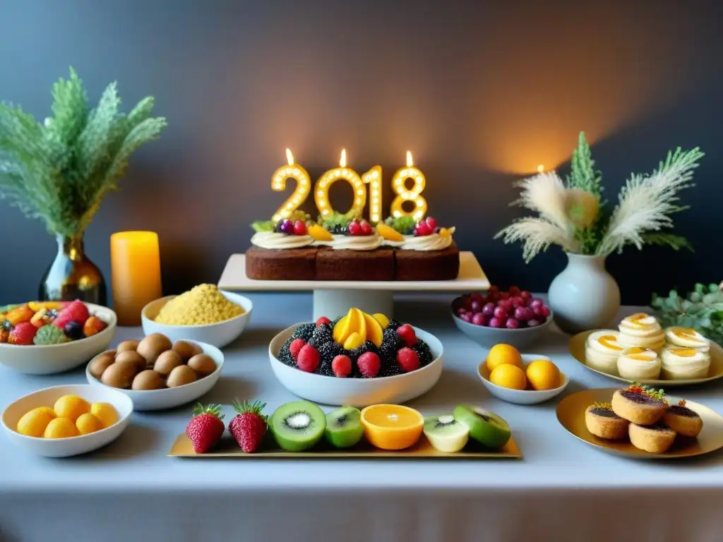 Buffet de Año Nuevo glutenfree: ¡Delicias festivas y sin gluten! Una mesa festiva llena de deliciosas recetas sin gluten para Año Nuevo, con platillos coloridos y postres decadentes, decorada elegantemente