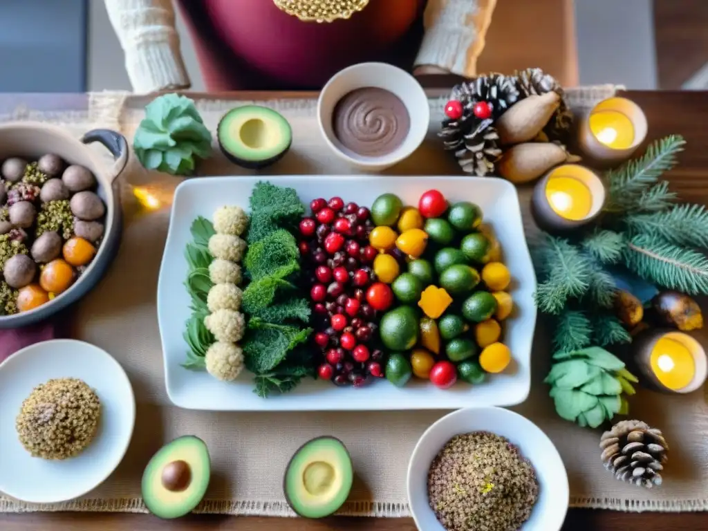 Una mesa festiva llena de recetas veganas sin gluten, con platos coloridos y decoración acogedora