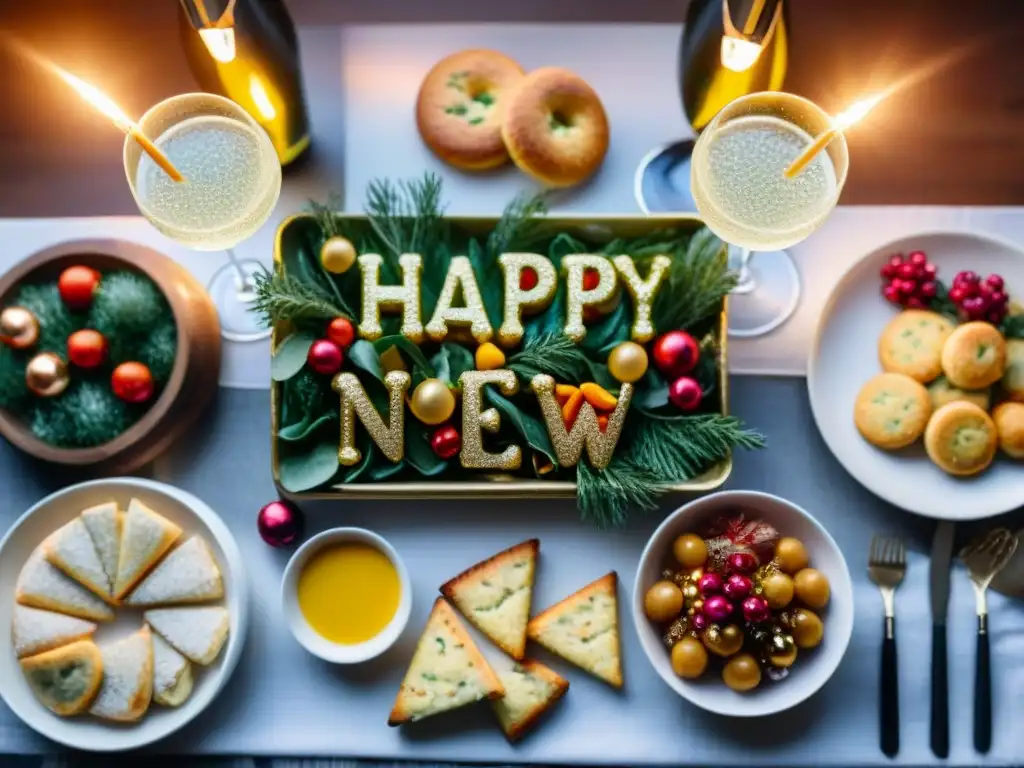 Una mesa festiva de Nochevieja sin gluten con sabrosas recetas y decoración brillante