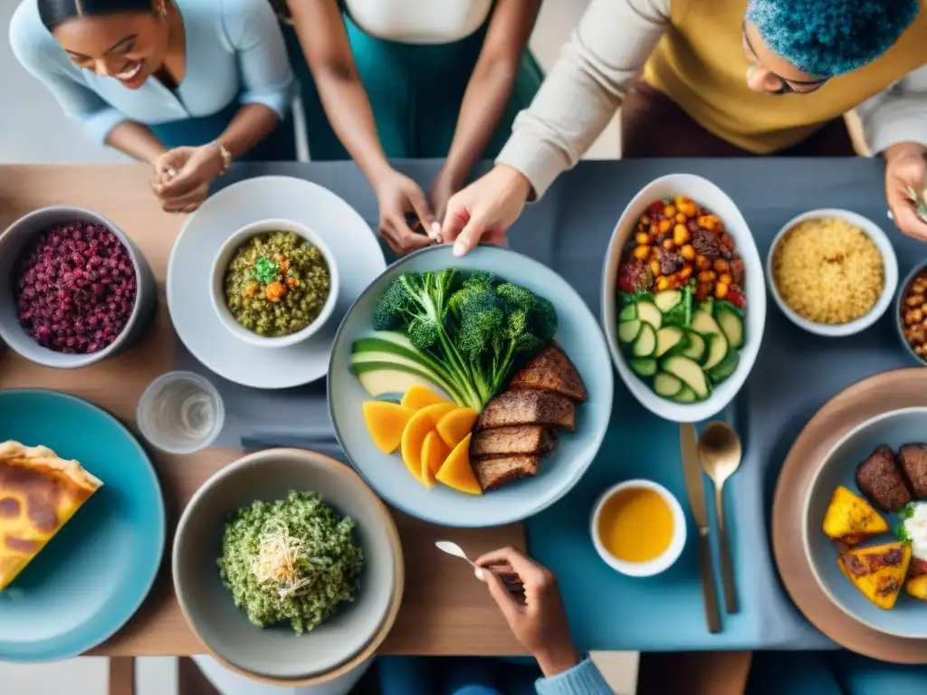 Una mesa festiva con personas disfrutando de una comida variada y sin gluten, reflejando inclusividad y diversidad