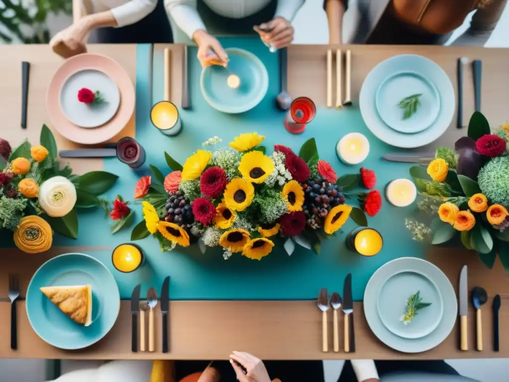 Una mesa festiva con personas diversas disfrutando de deliciosos platillos sin gluten