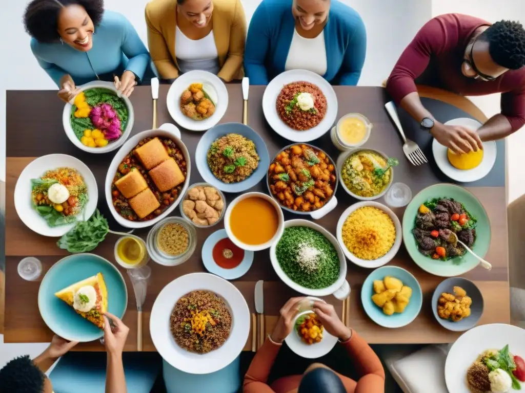 Una mesa festiva con personas disfrutando de recetas sin gluten fáciles, creando comunidad alegre