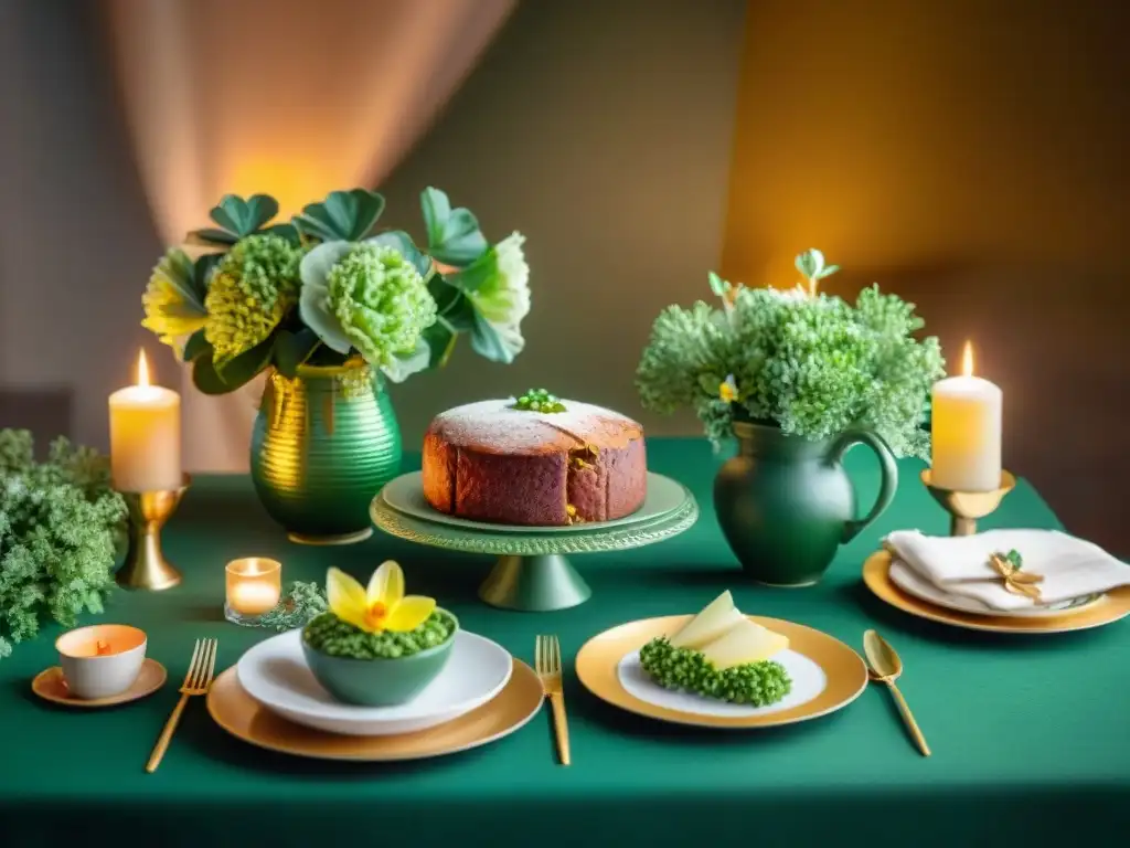 Una mesa festiva para San Patricio con recetas sin gluten, decorada con elegancia en verde y dorado, creando una atmósfera acogedora y de celebración