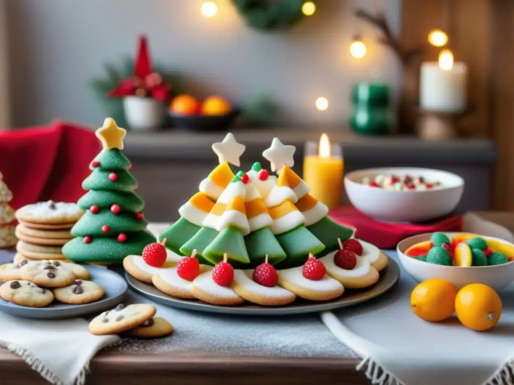 Una mesa navideña festiva con recetas sin gluten para niños, llena de coloridos y deliciosos platos