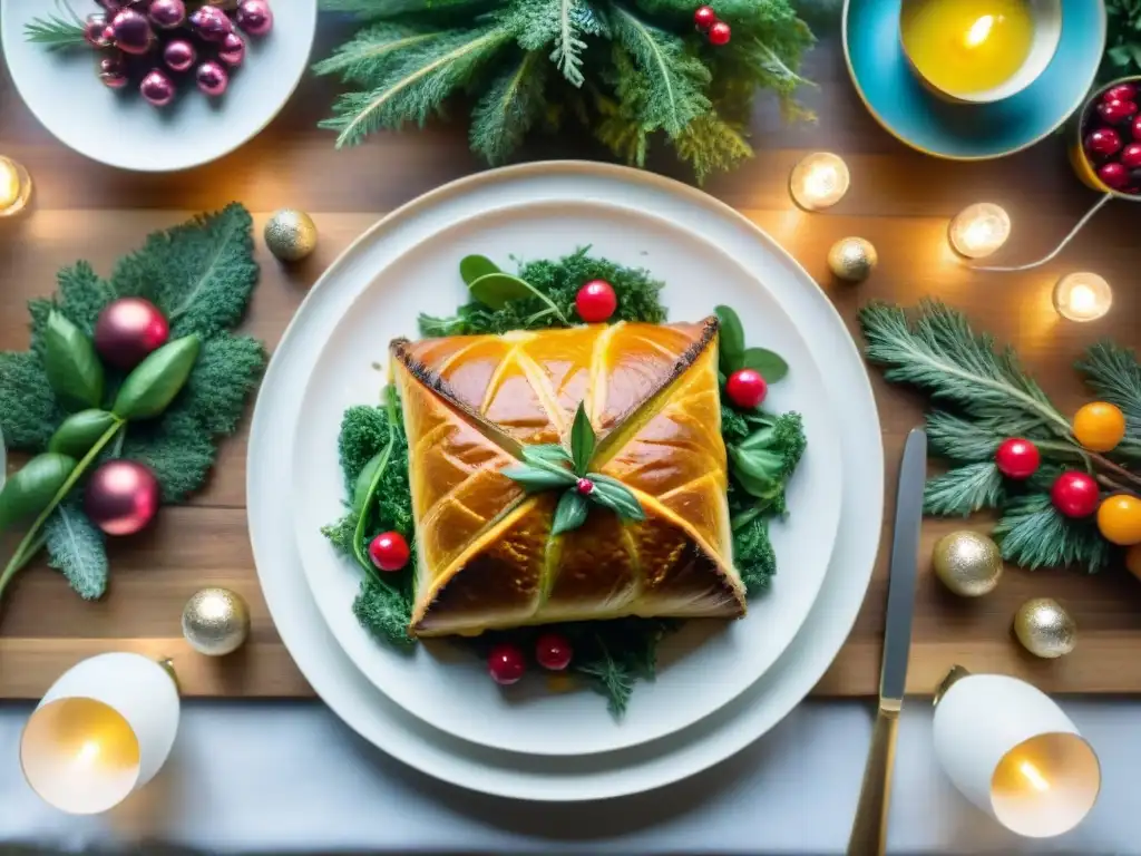 Mesa festiva con Recetas veganas sin gluten festivas: Wellington de verduras, ensaladas coloridas, postres deliciosos y champán brillante