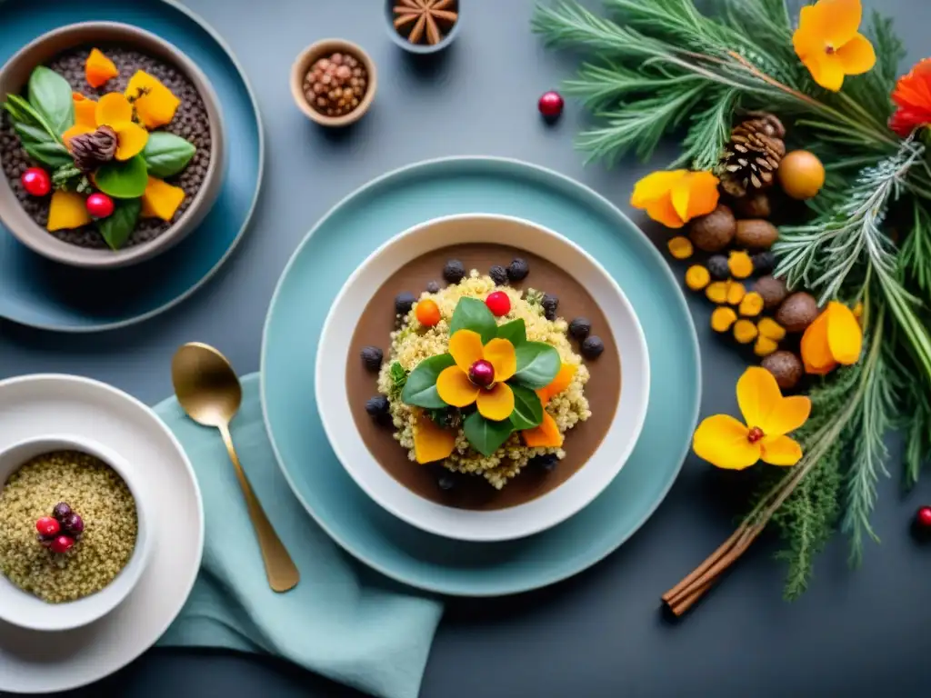 Una mesa festiva con recetas veganas sin gluten: platos coloridos y deliciosos, decoración elegante y ambiente navideño