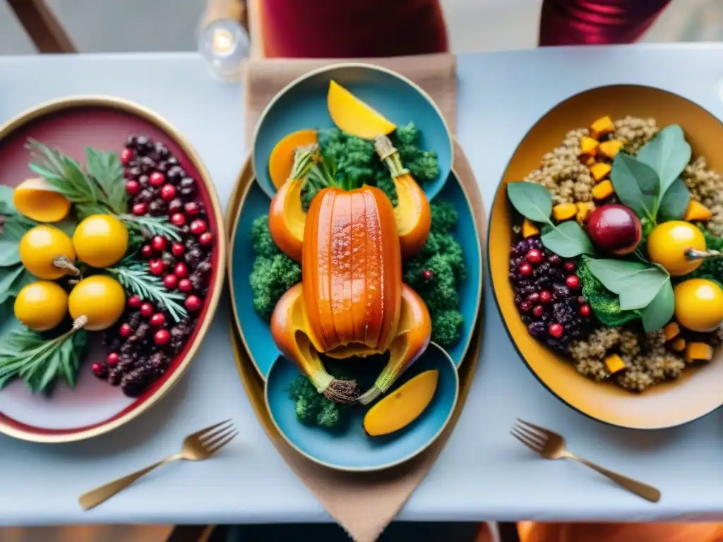 Una mesa festiva con recetas veganas sin gluten, iluminada y acogedora