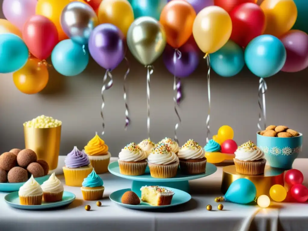 Una mesa de fiesta colorida para niños con recetas sin gluten, llena de dulces y decoraciones alegres