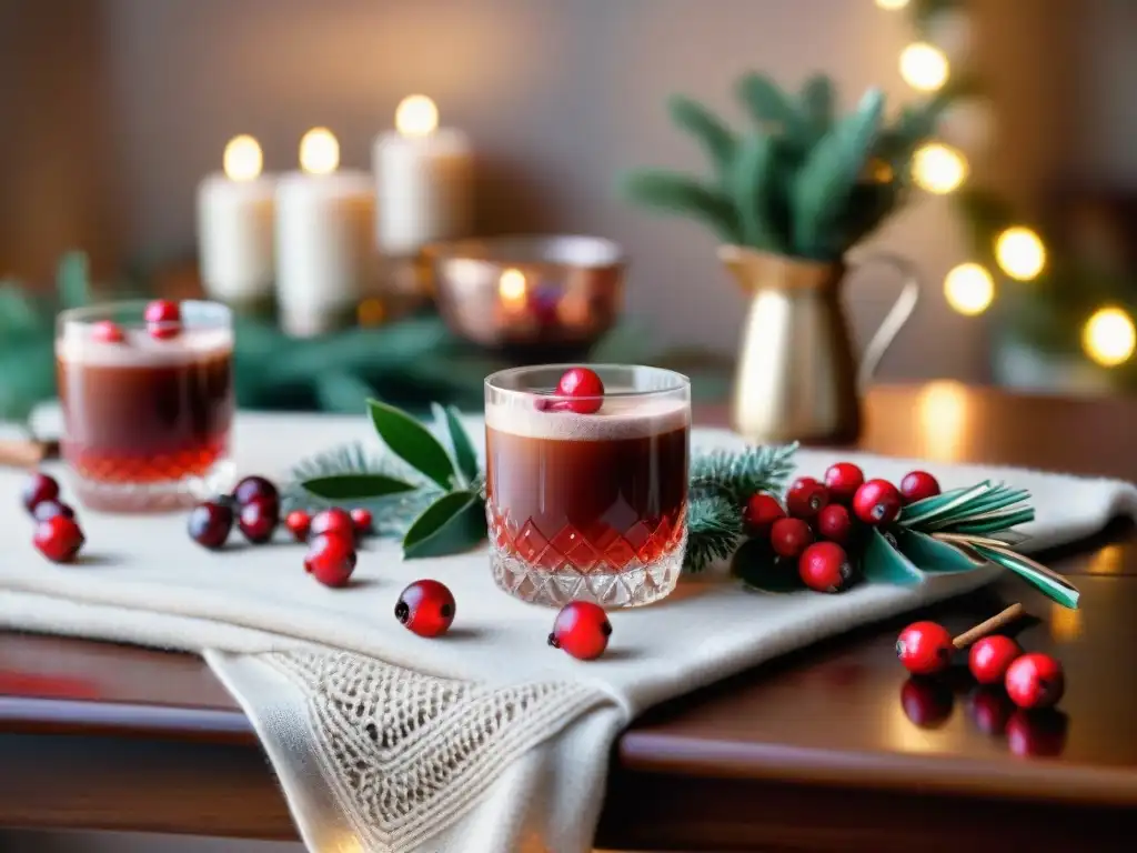 Una mesa de fiesta navideña sin gluten completa con bebidas festivas y decoración acogedora