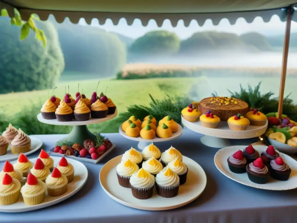 Una mesa de fiesta exquisitamente decorada con menú sin gluten para fiesta, bajo una carpa al aire libre