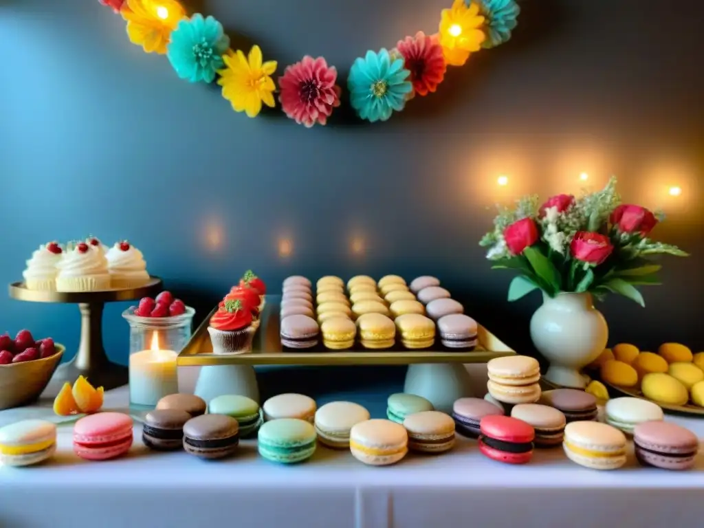 Una mesa de fiesta decorada con postres sin gluten, rodeada de una atmósfera cálida y festiva