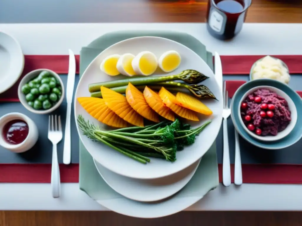 Una mesa de fiesta con platos sin gluten: verduras asadas, ensalada, salsa de arándanos y puré de papas, todo colorido y delicioso