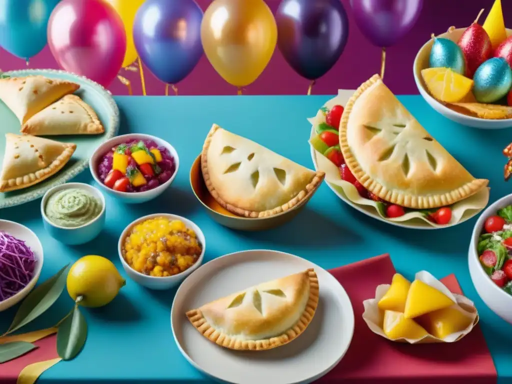 Una mesa de fiesta con vibrantes recetas sin gluten para carnaval: empanadas, ensaladas, frutas y pasteles festivos