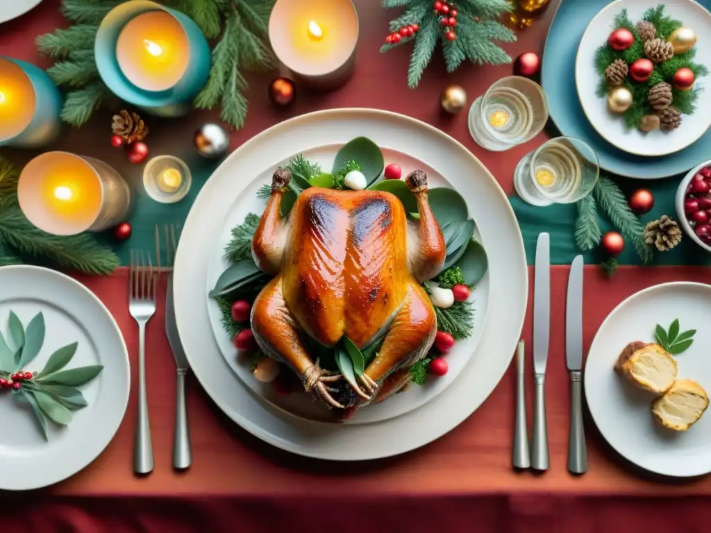 Una mesa de Nochebuena sin gluten con exquisitos platillos tradicionales reinventados, decoración festiva y cálida iluminación