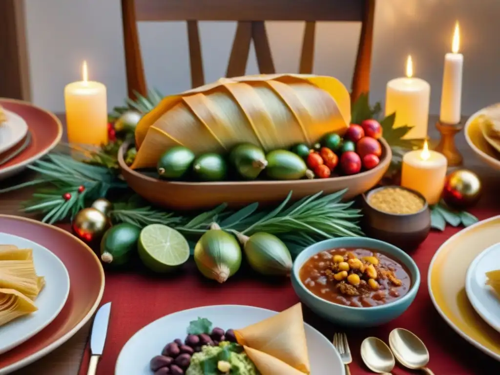 Una mesa de Nochebuena sin gluten con recetas reinventadas, decorada con tamales, pozole, ensalada y bunuelos, iluminada por velas