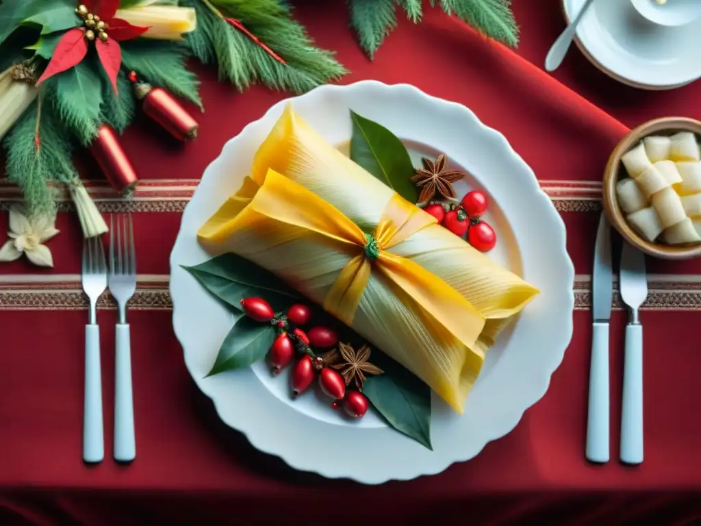 Una mesa de Nochebuena sin gluten con tamales, bacalao y romeritos, decorada con poinsettias y velas, creando una atmósfera festiva y acogedora