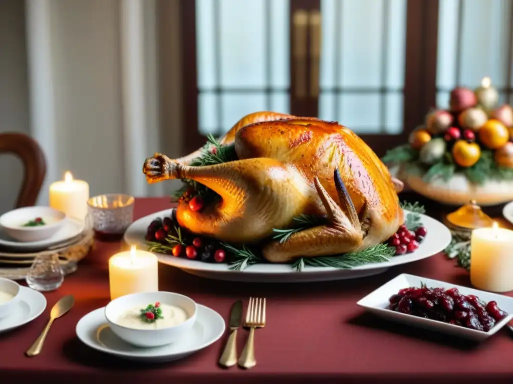 Una mesa de Acción de Gracias sin gluten bellamente decorada con un pavo dorado asado como centro, rodeado de platos deliciosos