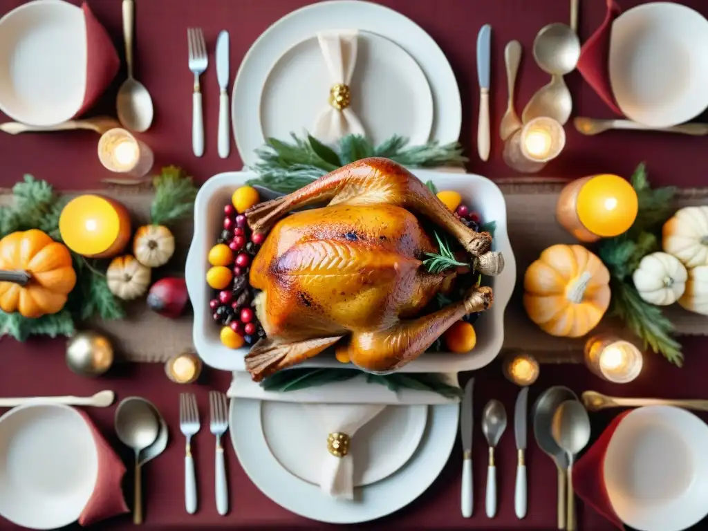 Una mesa de Acción de Gracias Sin Gluten bellamente decorada con pavo, puré de papas y pastel de calabaza, creando un ambiente cálido y acogedor