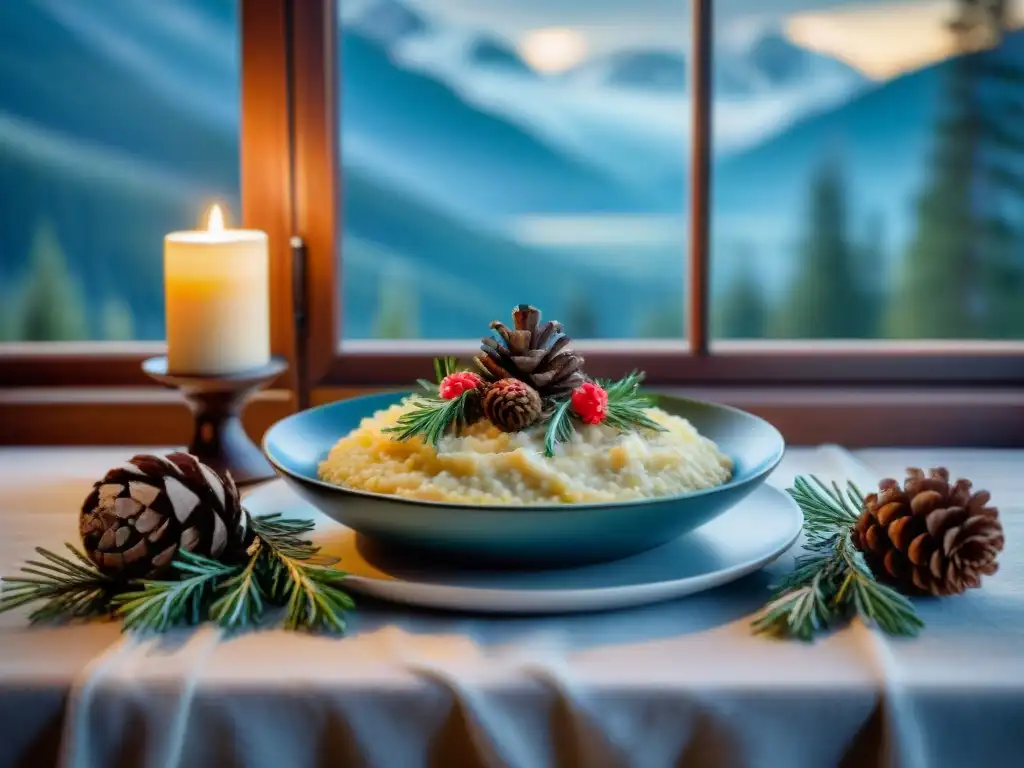 Una mesa de invierno acogedora con risottos sin gluten recetas innovadoras, decorada con elementos invernales y paisaje nevado al fondo