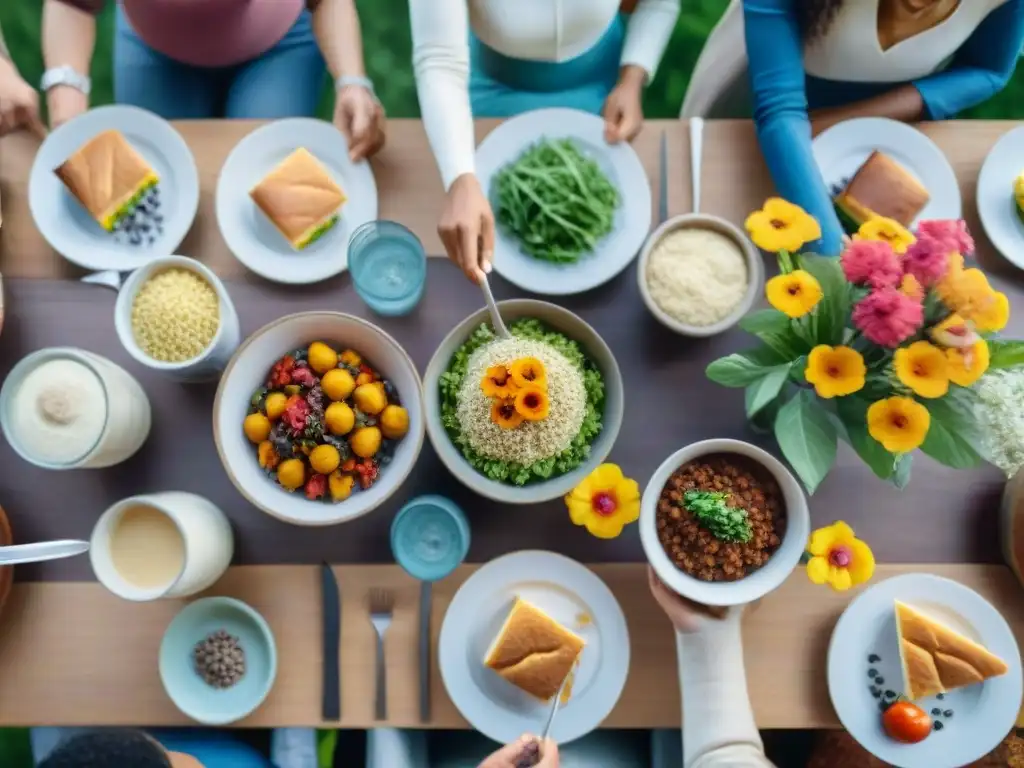 Una mesa larga llena de platos sin gluten y personas diversas compartiendo una comida feliz