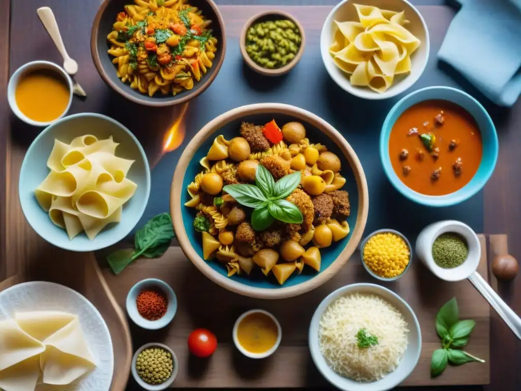 Una mesa larga de madera llena de recetas internacionales sin gluten adaptadas, representando la diversidad culinaria global