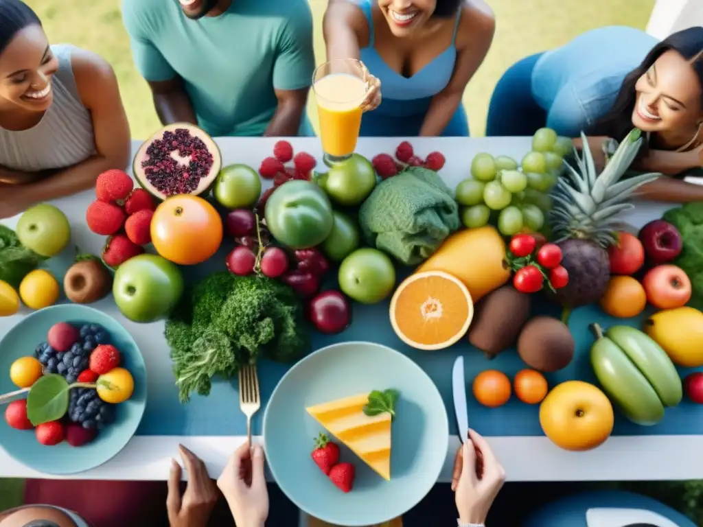 Una mesa llena de alimentos coloridos y personas sonrientes compartiendo beneficios de productos sin gluten para el intestino