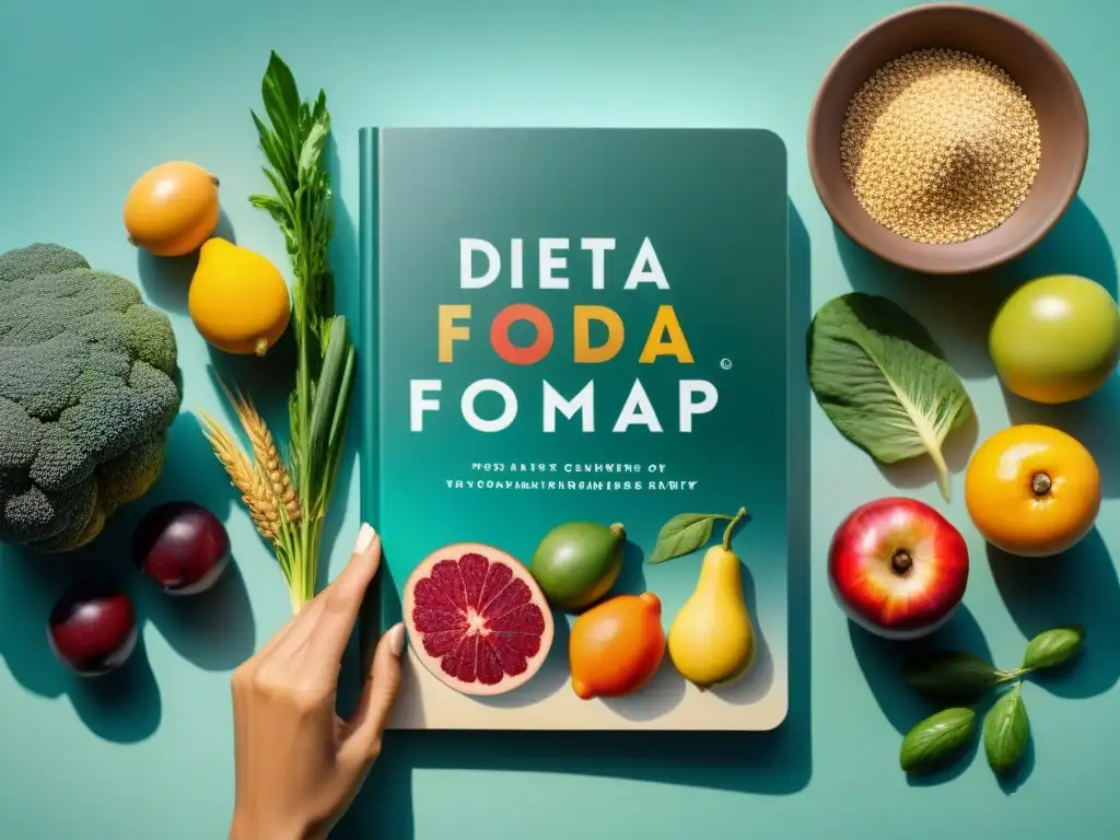 Una mesa llena de alimentos coloridos y frescos, etiquetados con su contenido FODMAP