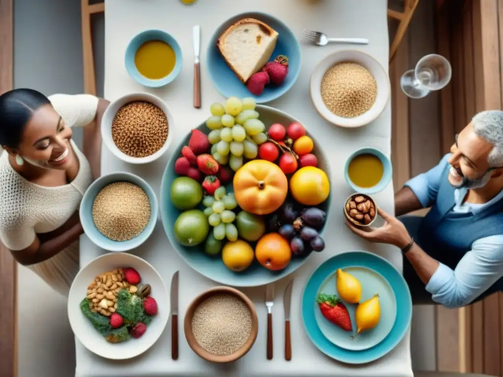 Una mesa llena de alimentos coloridos y saludables, personas sonrientes de diferentes edades y etnias comparten una comida