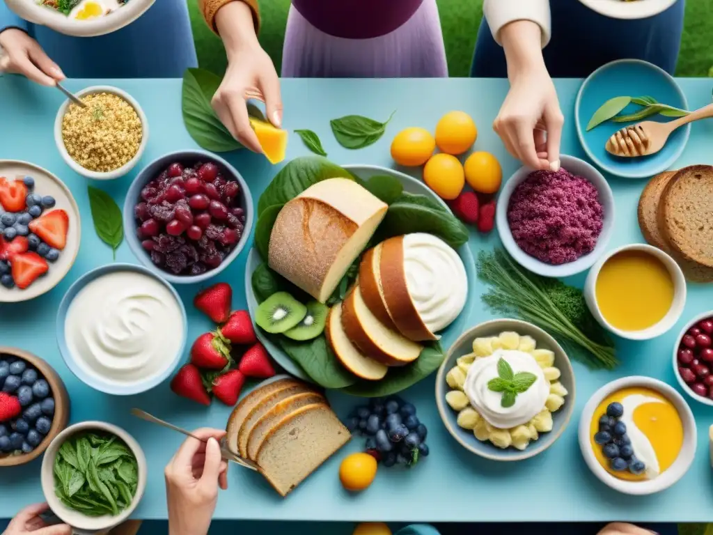 Una mesa llena de Alimentos Sin Gluten con Probióticos, rodeada de personas diversas compartiendo una comida nutritiva y colorida