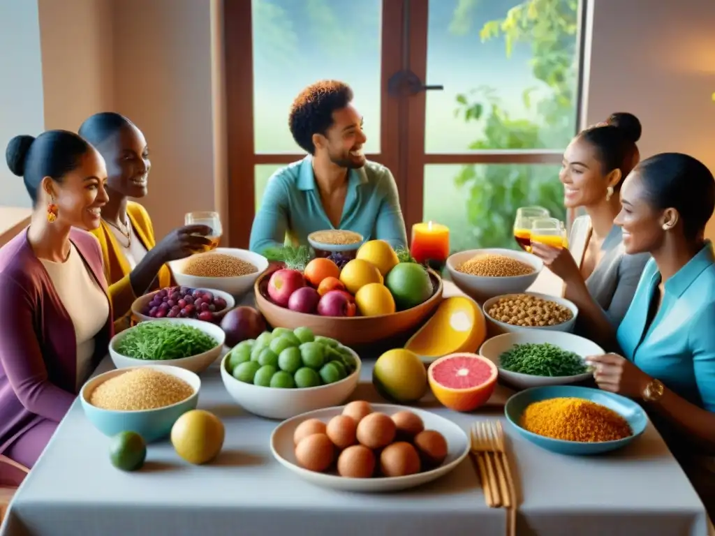 Una mesa llena de alimentos sin gluten, ricos en nutrientes esenciales, rodeada de personas de diferentes culturas