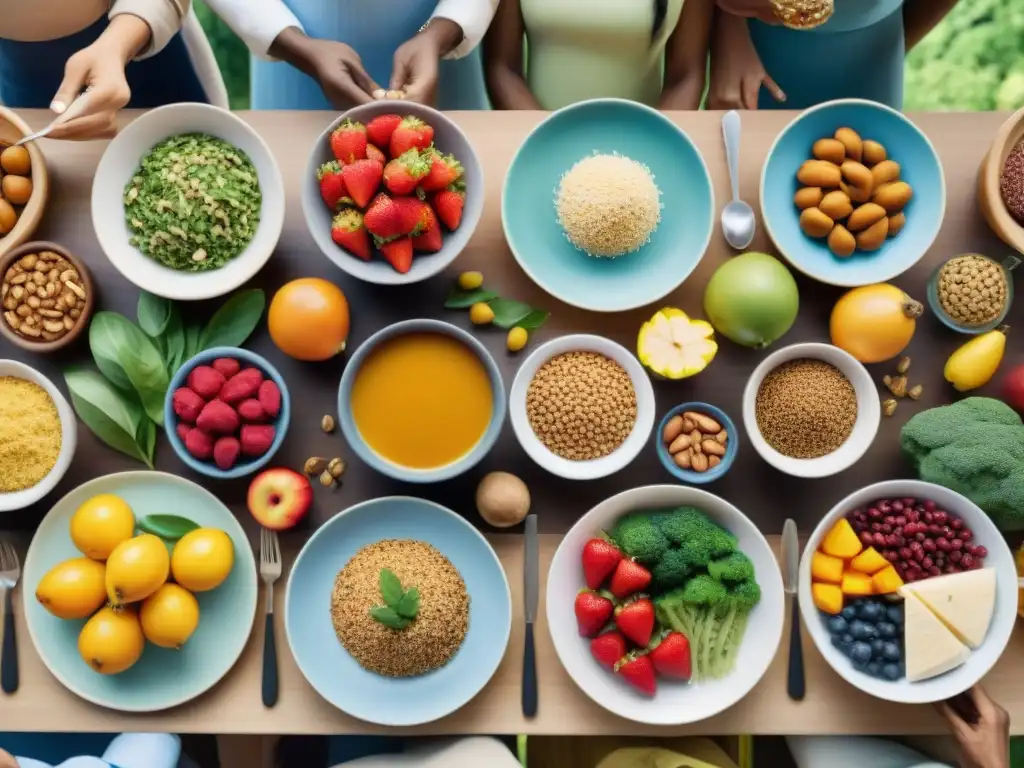 Una mesa llena de alimentos prebióticos sin gluten, reunión alegre y nutritiva