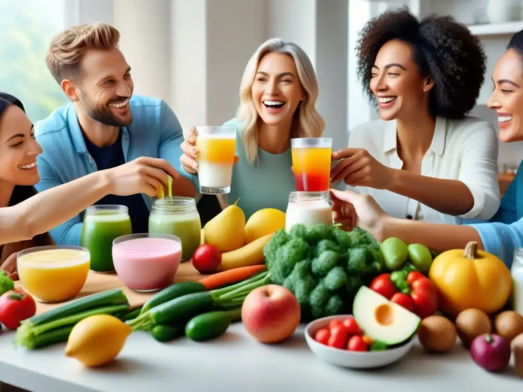 Una mesa llena de alimentos probióticos sin gluten en una cocina brillante, con personas de todas las edades sonrientes y saludables