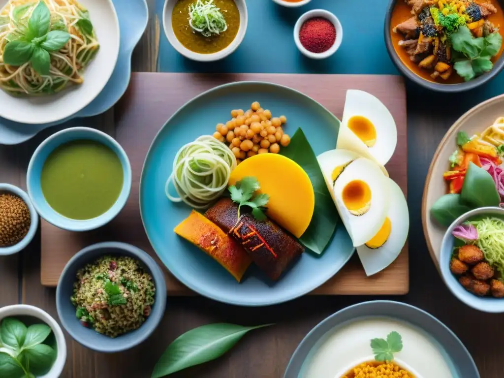 Una mesa llena de coloridos platillos internacionales sin gluten, en un mercado de comida global