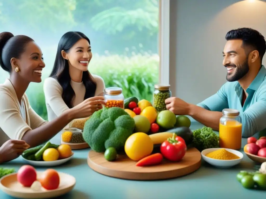 Una mesa llena de comida colorida y suplementos para celíacos, personas felices conversando