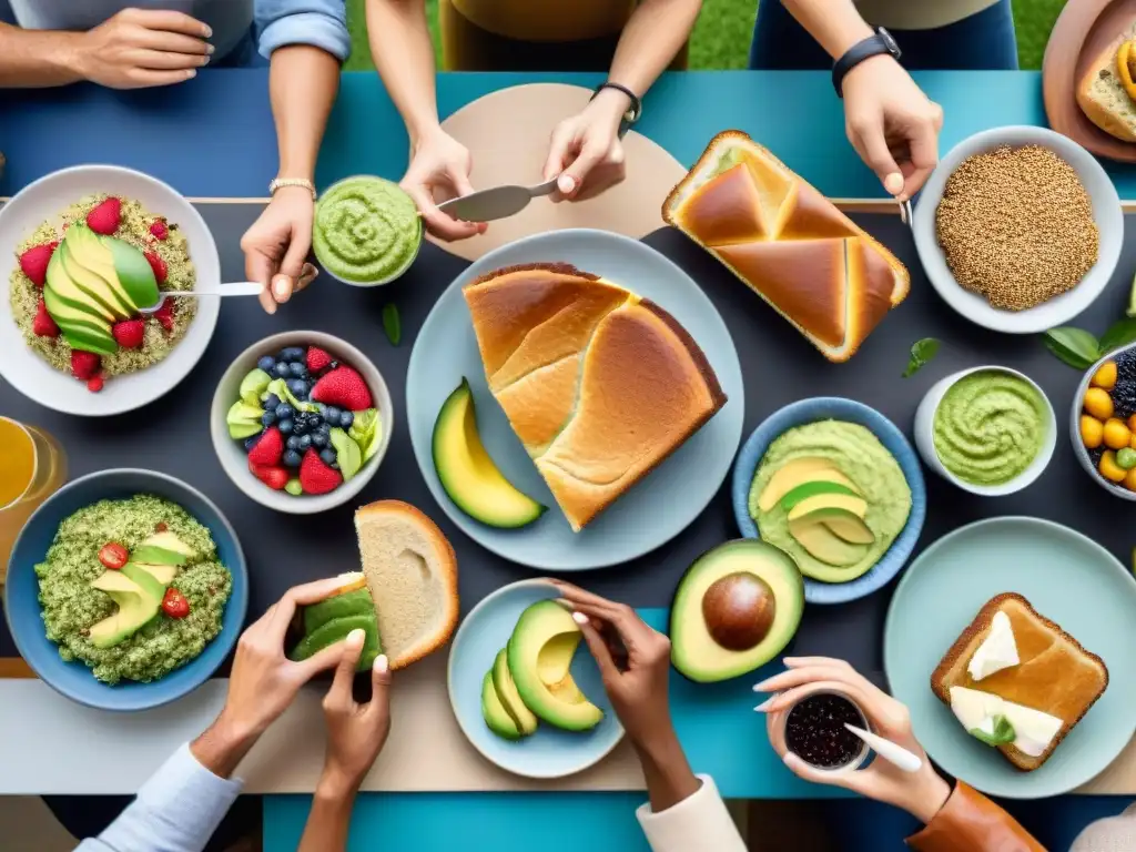 Una mesa llena de comida sin gluten con diversidad de personas disfrutando juntas