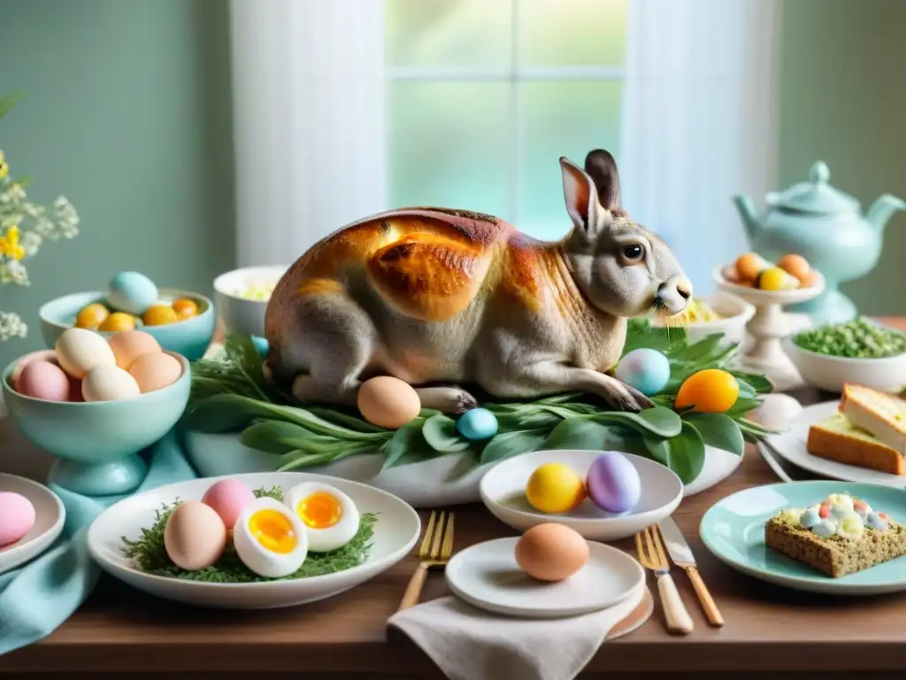 Una mesa de Pascua sin gluten llena de delicias decoradas, desde cordero asado hasta postres decadentes y flores primaverales