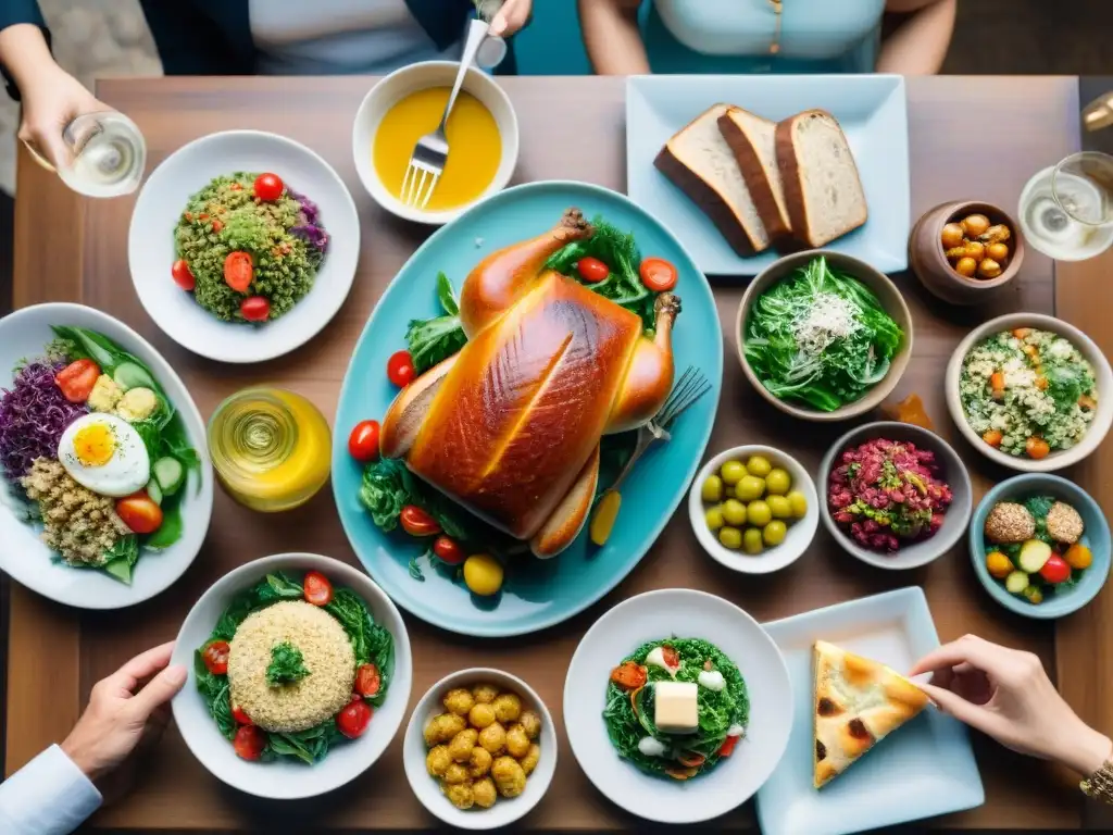 Una mesa llena de delicias sin gluten, donde personas diversas comparten una comida, resaltando la innovación productos sin gluten