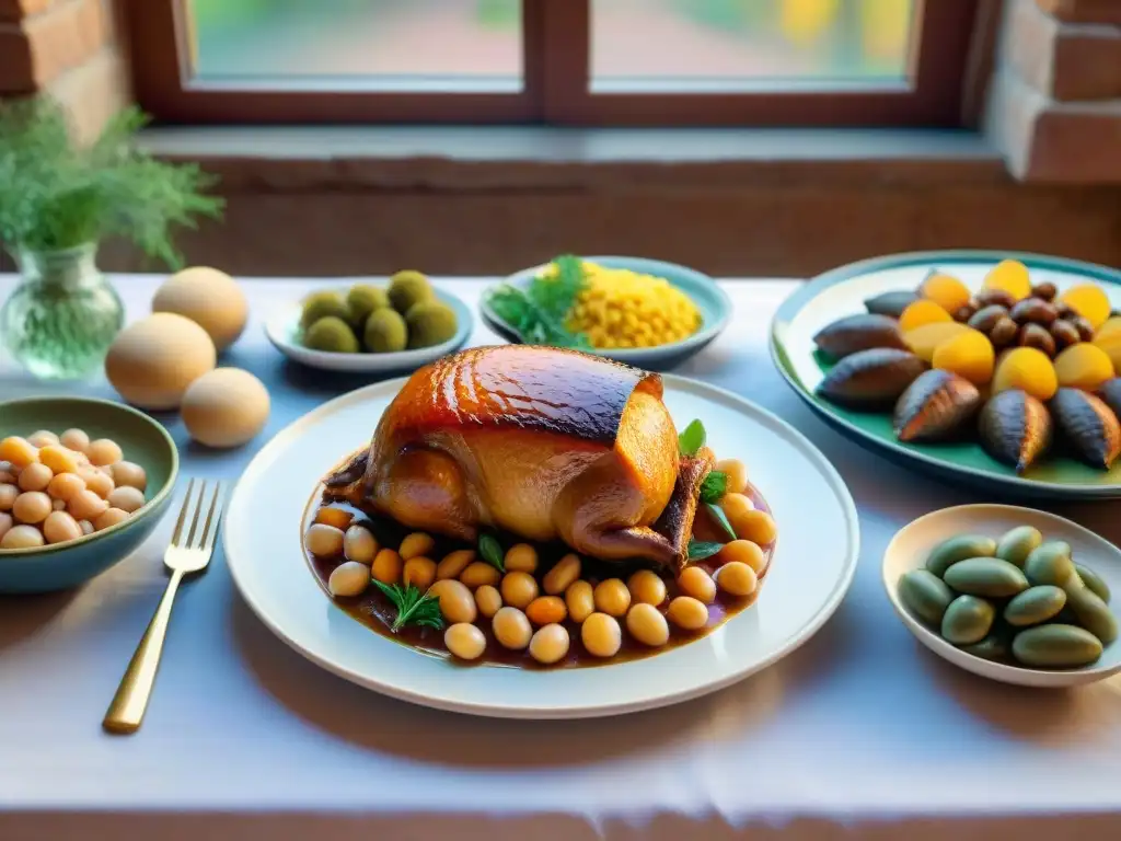 Una mesa llena de delicias de Segovia, presentadas en platos de cerámica con diseños elegantes