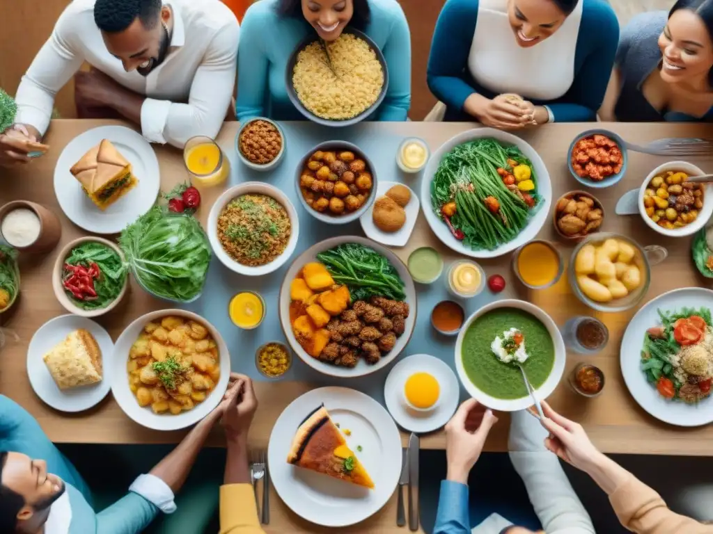 Una mesa llena de deliciosas recetas sin gluten para celíacos, compartidas entre amigos felices