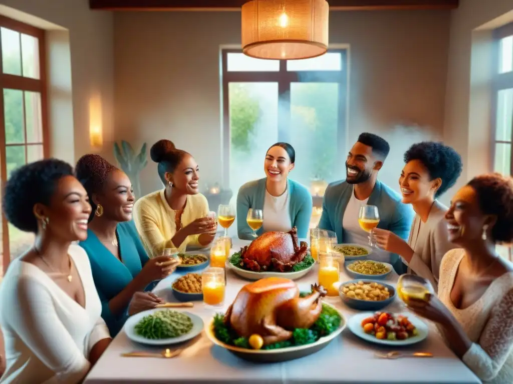 Una mesa llena de deliciosos platillos sin gluten, rodeada de personas sonrientes y felices, en una celebración comunitaria