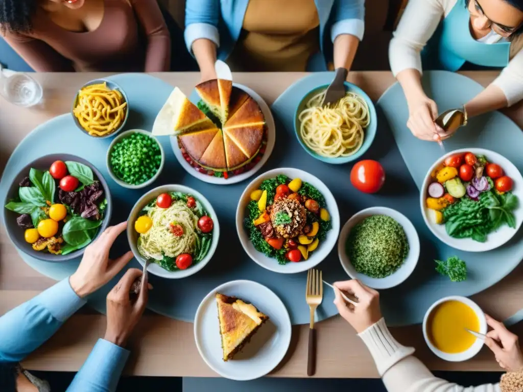 Una mesa llena de deliciosos platillos sin gluten, donde personas diversas comparten una comida