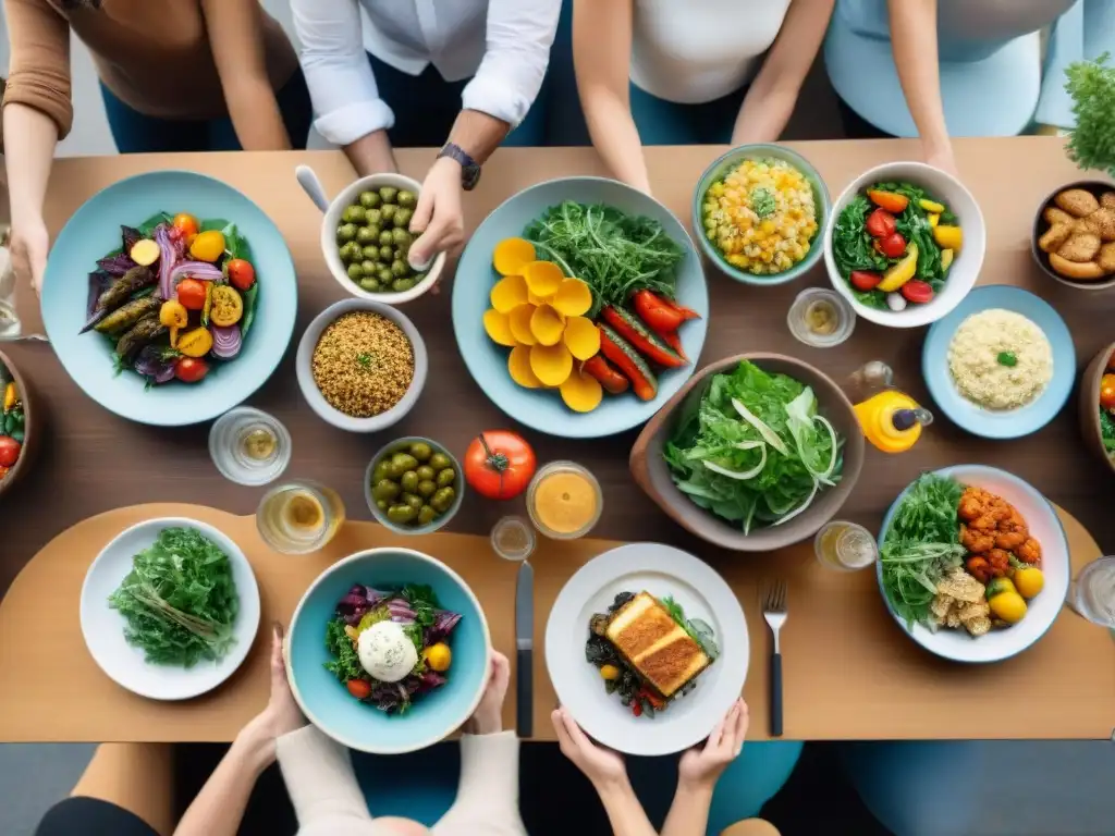 Una mesa llena de deliciosos platillos sin gluten, personas conversando y disfrutando juntas