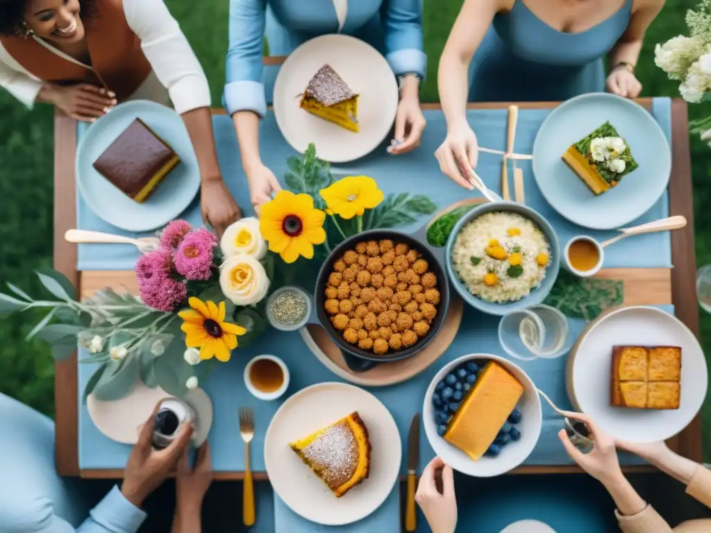 Una mesa llena de deliciosos platillos sin gluten, rodeada de influencers sonrientes en una cálida colaboración