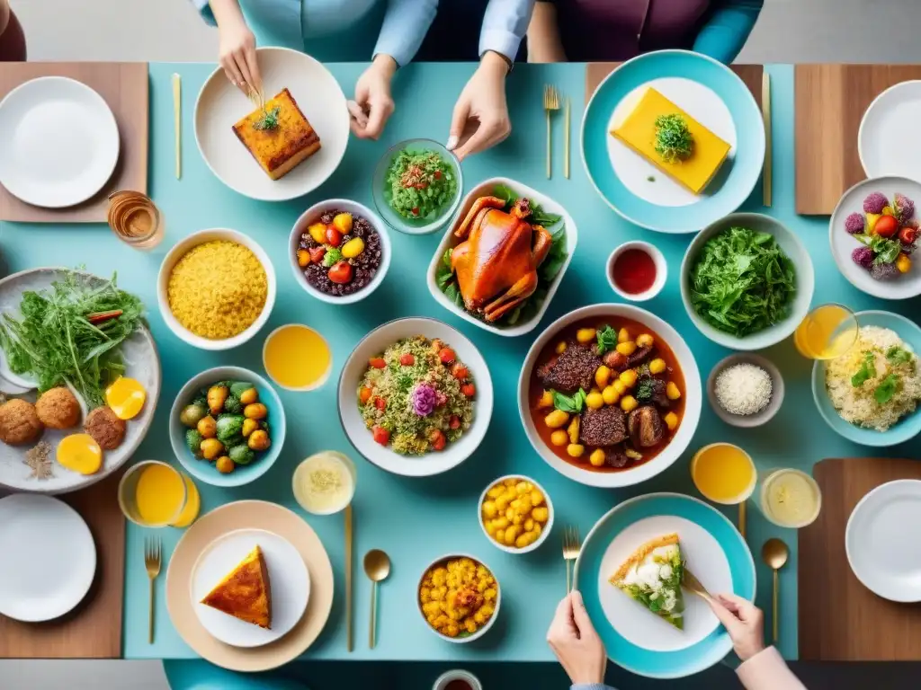 Una mesa llena de deliciosos platos sin gluten para dieta FODMAP, rodeada de gente feliz conversando