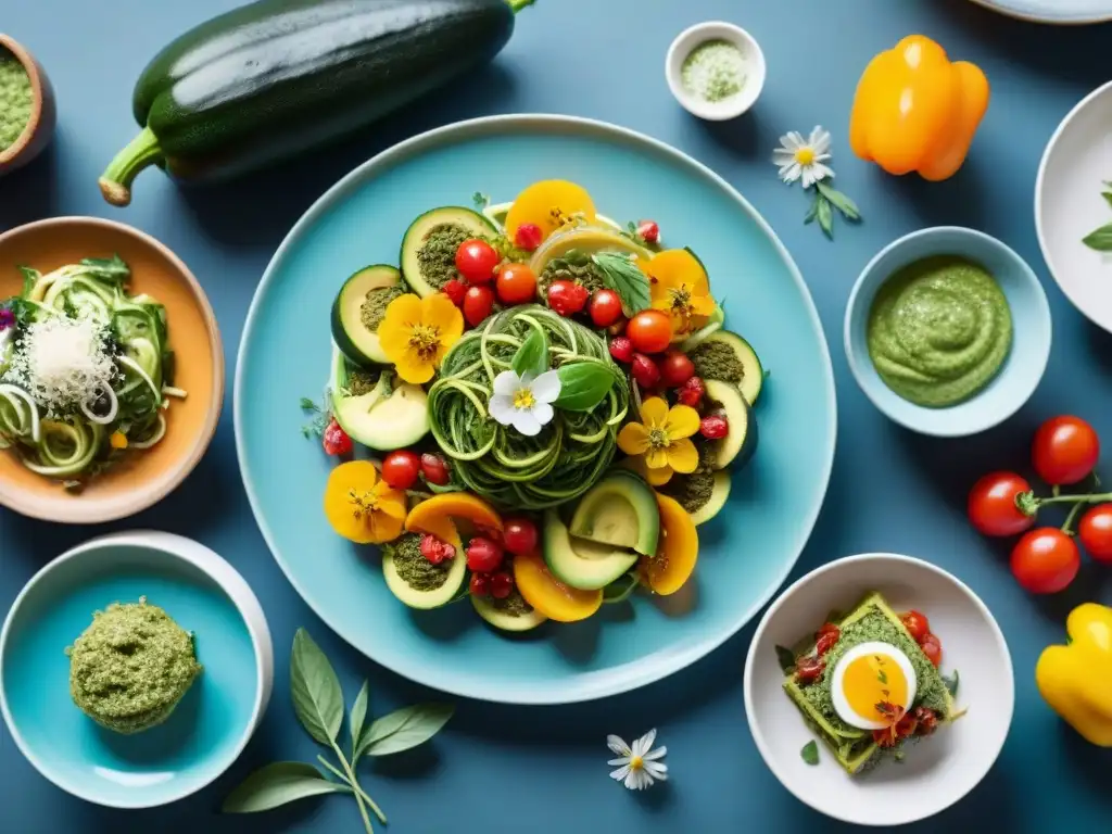 Una mesa llena de innovadoras recetas sin gluten, con colores vibrantes y texturas intrincadas